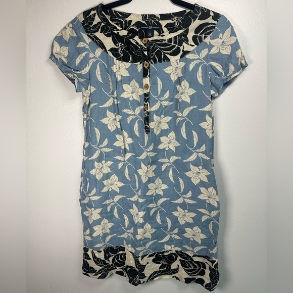 GAP Blue and Black Floral Sheath Dress 100% Linen size 6 pockets - Picture 1 of 9